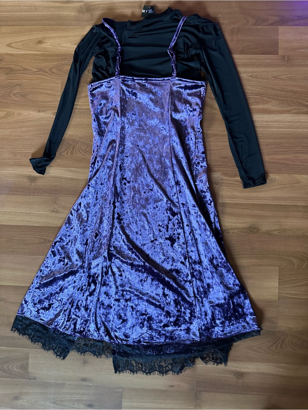 Cosmic Aura Purple Crushed Velvet Midi Slip Dress with Lace Trim Long Sleeved - Picture 10 of 10
